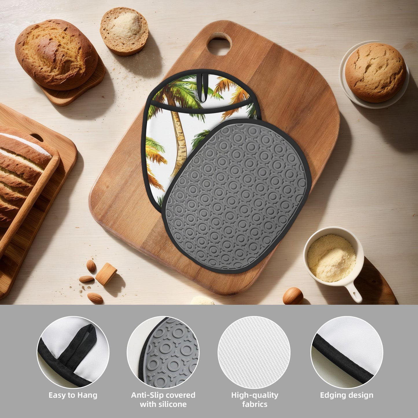 Tropical Coconut Tree Silicone Oven Mat – Heat-Resistant Kitchen Pot Holder with Pocket & Hanging Loop