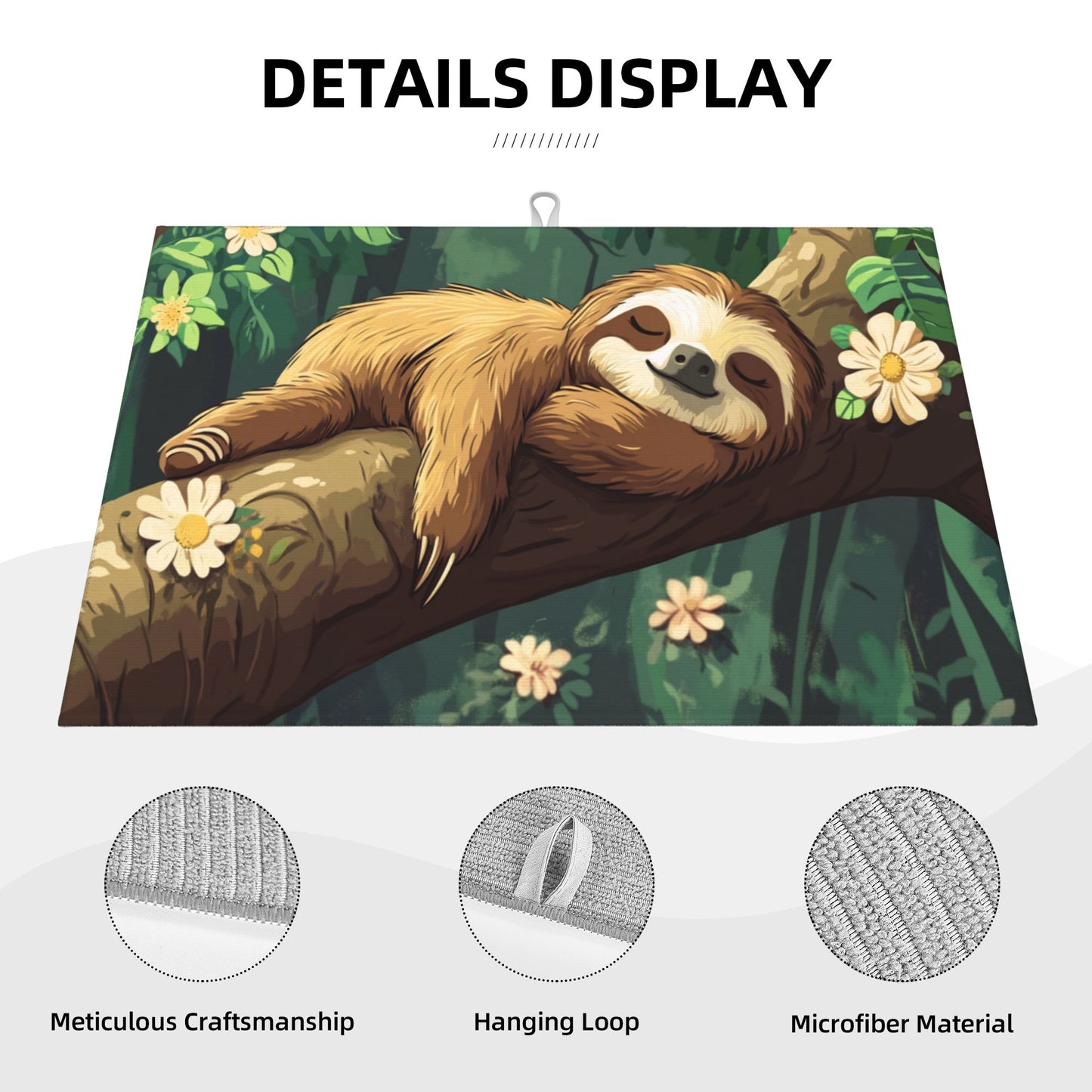 Cute Sloth Large Kitchen Dish Drying Mat – 24"x18" Absorbent Non-Slip Counter Mat with Hanging Loop