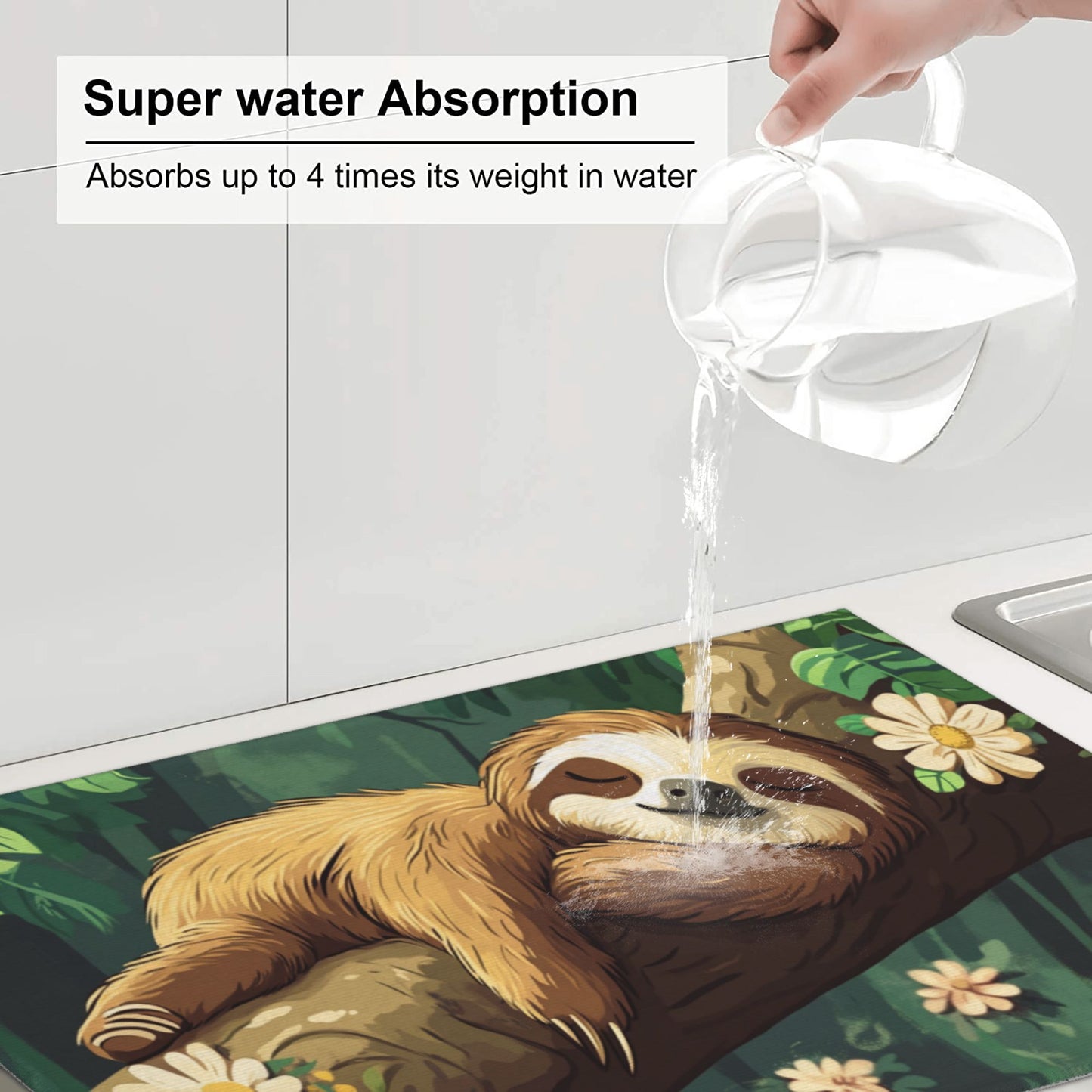 Cute Sloth Large Kitchen Dish Drying Mat – 24"x18" Absorbent Non-Slip Counter Mat with Hanging Loop