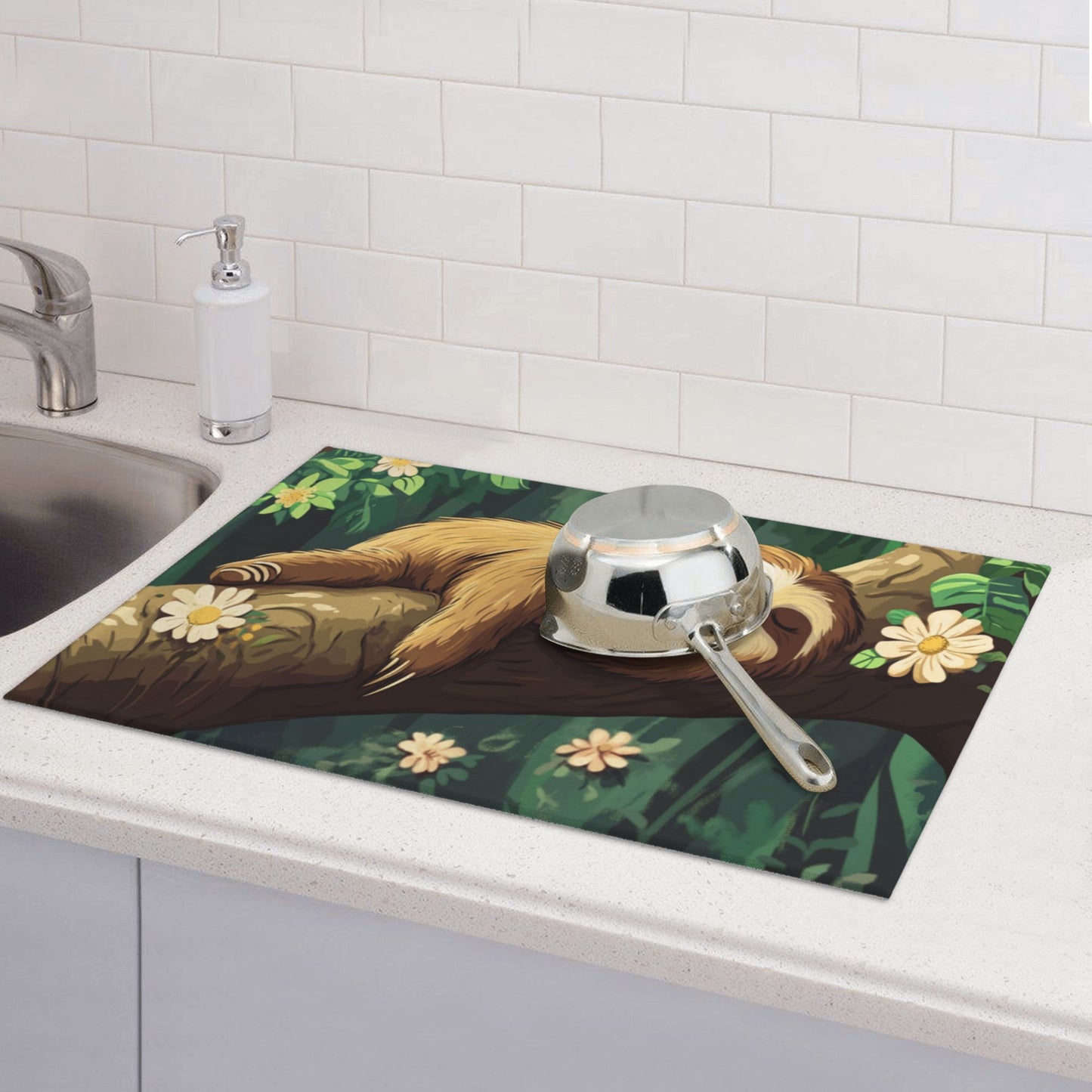 Cute Sloth Large Kitchen Dish Drying Mat – 24"x18" Absorbent Non-Slip Counter Mat with Hanging Loop