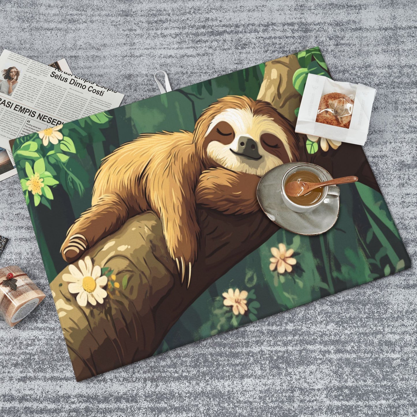 Cute Sloth Large Kitchen Dish Drying Mat – 24"x18" Absorbent Non-Slip Counter Mat with Hanging Loop